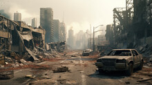 Post-Apocalyptic Desolation: Ruined Cityscape With Decimated Buildings, Burnt-Out Vehicles, And Shattered Roads.