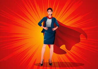 Wall Mural - Illustration of a businesswoman posing as a superhero, exuding confidence and leadership. Symbolising professional excellence, ambition, innovation, and the power of ambition in the corporate world