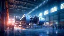 Industrial Turbine At The Workshop. Rotor With Blades Of Powerful Steam Turbine In Workshop. 
