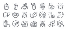 Detox And Cleanse Related Editable Stroke Outline Icons Set Isolated On White Background Flat Vector Illustration. Pixel Perfect. 64 X 64.