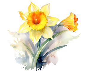 Wall Mural - Watercolor yellow Daffodils with green leaves on transparent background