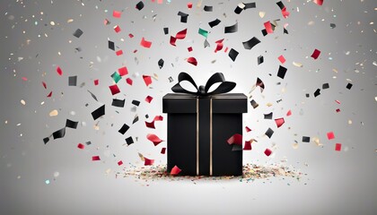 Wall Mural - gift boxes with ribbon and confetti on colored background with blank space. new year. Birthday or black friday, holiday concept