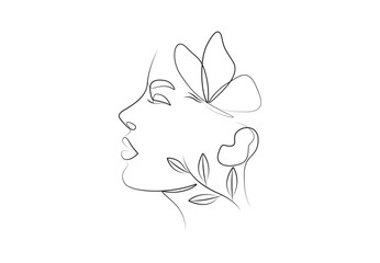 Wall Mural - Continuous one line drawing of woman face. Woman face with plant. Isolated on white background vector illustration. Pro vector. 