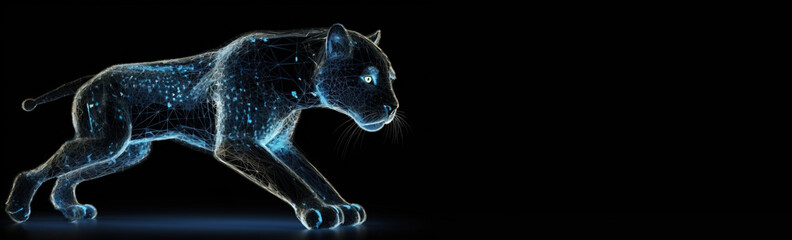 Wall Mural - Neon abstract graphic contours puma closeup, wild animal. Dark background isolate. AI generated.