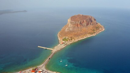 Wall Mural - 4k drone flying over footage (Ultra High Definition) of Monemvasia island. Colorful summer scene of Peloponnese peninsula, Greece, Europe. Beautiful seascape of Myrtoan Sea.