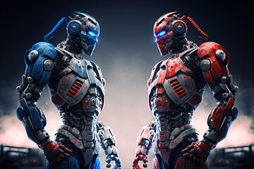 Two futuristic robots before match in blue and red color generative ai