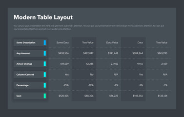 Poster - Modern table layout template with six colorful rows - dark version. Simple flat template for project data visualization.