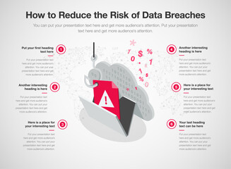Leinwandbilder - Infographic template for how to reduce the risk of data breaches. 6 stages template with  a fishing hook stealing confidential data from a secured system as a main symbol.