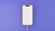 © Mathbrothers Studio - 3d illustration of orange mobile phone and charger against gradient blue background. 3d illustration highly usable. I phone 14 mobile mock up. White screen. Autumn phone, charging.