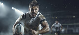 Fototapeta Sport - Portrait of a rugby player running with ball in stadium. Sports concept.