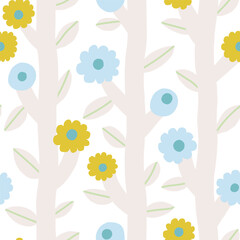 Wall Mural - Beautiful floral pattern with bold flowers and leaves. Botanical texture with vertical blooming plants. Simple and cute background with hand drawn flowers