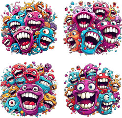 Wall Mural - Happy smiling freaks faces group. Cute and creepy colored skulls closeup focus, bulging eyes crazy friendly monsters characters party isolated on white