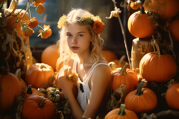 Beautiful feminine blonde young girl with long hair, with pastel flowers floral headpiece, in autumn setting with pumpkin 