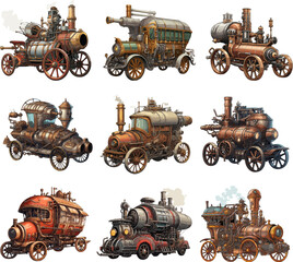 Steam-punk vehicle designs on white background. Steampunk ancient cars mechanical engineering colour sketch, vintage fantastic industrial machines