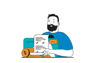 Poster - Finance concept with people scene in flat web design. Man getting online receipts and paying bills with tax using digital credit card. Vector illustration for social media banner, marketing material.