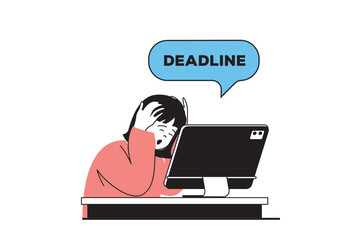 Wall Mural - Freelance concept with people scene in flat web design. Overworked woman in despair and stress and trying to finish task to deadline. Vector illustration for social media banner, marketing material.
