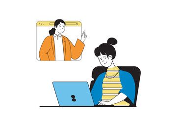Aufkleber - Freelance concept with people scene in flat web design. Women working and connecting online using video call for task discussing. Vector illustration for social media banner, marketing material.