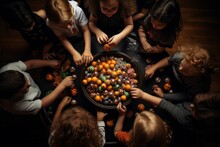Kids Take Halloween Candy From Big Round Bowl, Top View. AI Generated