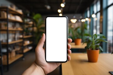 Hand holding empty screen of smartphone in office co working space, Generate with AI.