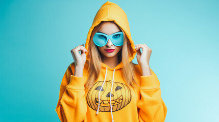 A beautiful little girl dressed casually in a hoodie with Halloween motifs against minimal pastel blue background. Autumn is arriving and so are the fall holidays. Generative AI.