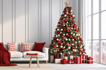 Cozy modern nordic style living room interior with christmas tree decoration. White winter season at home.