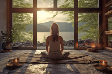 Wall Mural - silhouette of woman yoga practice in wooden studio with beautiful nature mountains landscape view in background