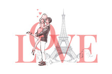 Modern Love Poster, Beautiful Couple In Love Kissing In Paris, The Guy Hugs And Dances With The Girl. Vector Trendy Banner Outline Isolated On White Background.