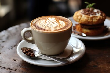 Cup of cappuccino on table with pastries in cafe or at home in kitchen. Milk foam in heart shape leaf tree on top of latte art from professional barista.