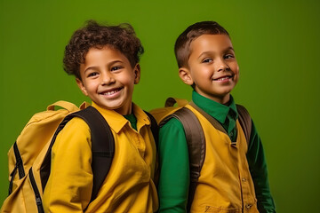 Poster - Cheerful portrait of schoolboy boys, conveying the beauty of childhood friendship, wearing backpacks and radiating happiness on a green background.