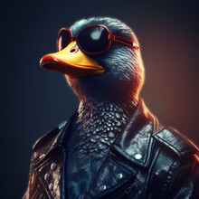 Image Of A Duck Wore Sunglasses And Wore A Leather Jacket On Clean Background. Farm Animals. Illustration, Generative AI.