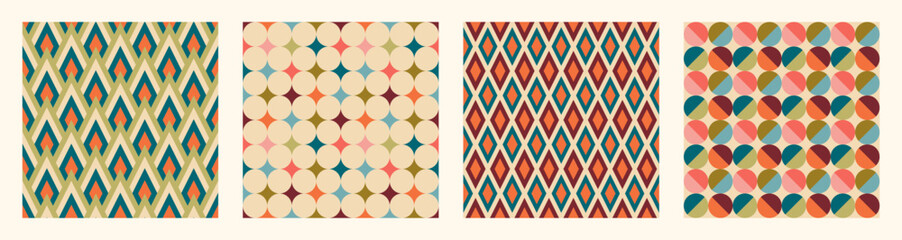 Set of Aesthetic mid century printable seamless pattern with retro design. Decorative 50`s, 60's, 70's style Vintage modern background in minimalist mid century style for fabric, wallpaper or wrapping