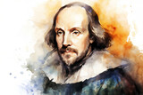 Fototapeta Londyn - William Shakespeare watercolour painting of the famous English Elizabethan playwright and bard from Stratford Upon Avon born in the 16th century, computer Generative AI stock illustration image