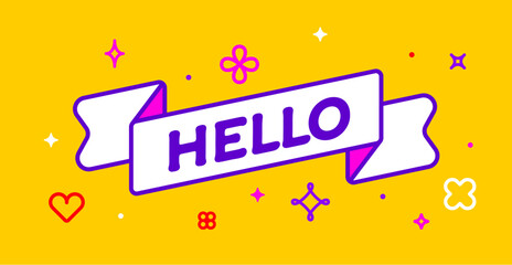 Wall Mural - ribbon and banner hello. greeting card with ribbon and word hello. trendy barbie style barbiecore ri