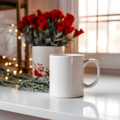 White plain blank mug cup 11oz mockup product photography background, Valentine Day themed red roses and flowers, product background
