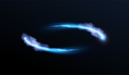Poster - Sparkle flare and flash effects, glow lights, circular neon blue light with glitter particles on black background. Round frames with blue blurred particles shimmering, magic energy effect. Vector
