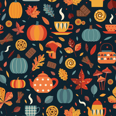 Wall Mural - Autumn Mood Seamless Pattern with Fika Motives