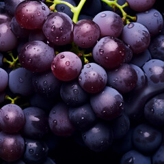 Wall Mural - Bunch of black grapes with drops of water on a dark background