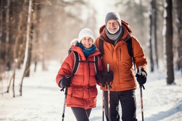 Wall Mural - Senior couple with a sticks for nordic walk in a winter forest. Scandinavian walk in a park. AI generated