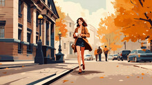 A Young Woman With Coffee Is Walking Down The Street Of The Autumn City. Autumn City. Flat Illustration