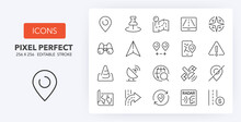 Set Of Thin Line Icons About Navigation And Location. Outline Symbol Collection 2/2. Editable Vector Stroke. 256x256 Pixel Perfect Scalable To 128px, 64px...