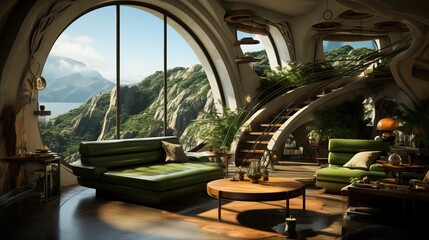 Wall Mural - a living room with a round staircase and a green couch. Generative AI Art.