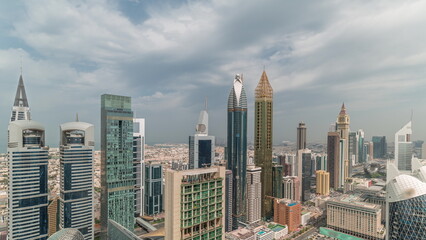 Wall Mural - Skyline panoramic view of the high-rise buildings on Sheikh Zayed Road in Dubai aerial timelapse, UAE.