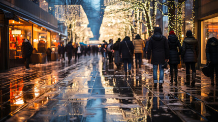 Enchanting winter wonderland transformation on a bustling New York City shopping street with festive ice sculptures, lively skating rink and delightful snow scenery.