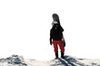 © muse studio - Male front view full-length snowboarder in sportswear for winter sports. Keeps a snowboard for holidays. Adventure journey in the mountains.