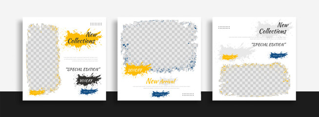 Wall Mural - set of editable minimal square banner template. blue yellow white background color with geometric sh