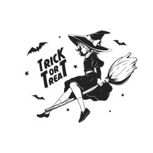 Halloween Witch Flying On Broomstick. Black And White Vector Illustration. Japanese Anime, Cartoon Style