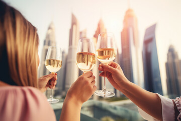 Wall Mural - Group of happy rich and stylish woman friends clinking with glasses of wine, celebrating holiday in Dubai with skyline and skyscrapers in the background