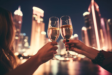 Group of happy rich and stylish woman friends clinking with glasses of wine, celebrating holiday in Dubai with skyline and skyscrapers in the background at night.