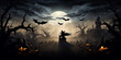 a witching hour backdrop with a full moon, flying bats, and silhouetted witches. 
