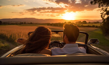 Happy Couple Man And Woman Traveling In Car Italian Tuscan Landscape View Under Sunset Light. Man And Woman Traveler Enjoys Convertible On A Summer Day.